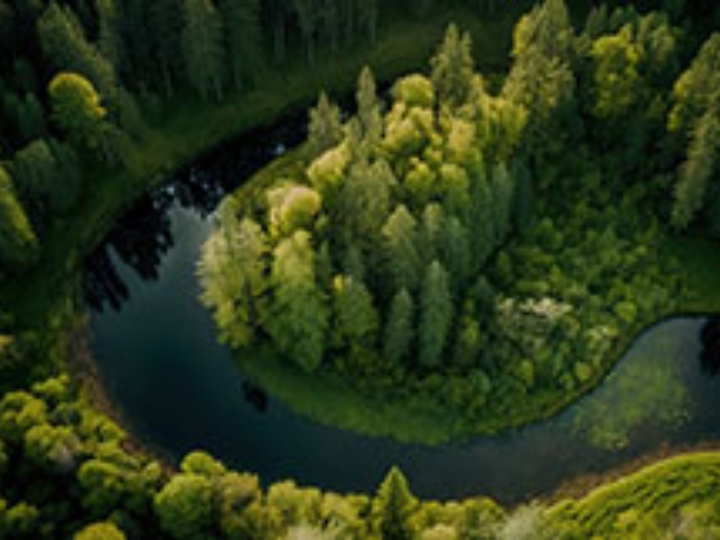Luftaufnahme einer Flussschleife mit dichtem Wald.