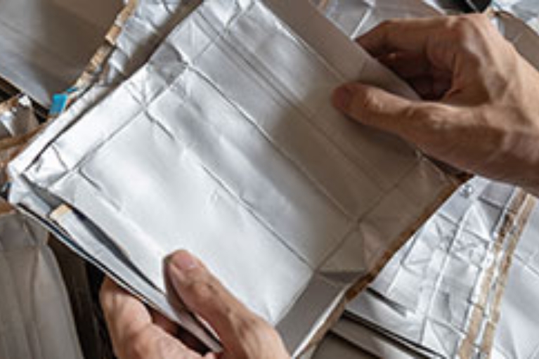 Hände sortieren alte, aufgeschnittene Saftpackungen