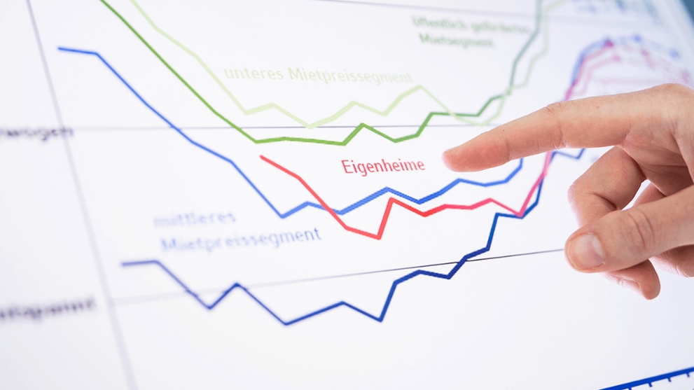 Mehrere farbige Graphen auf einem Monitor. Ein Finger zeigt darauf