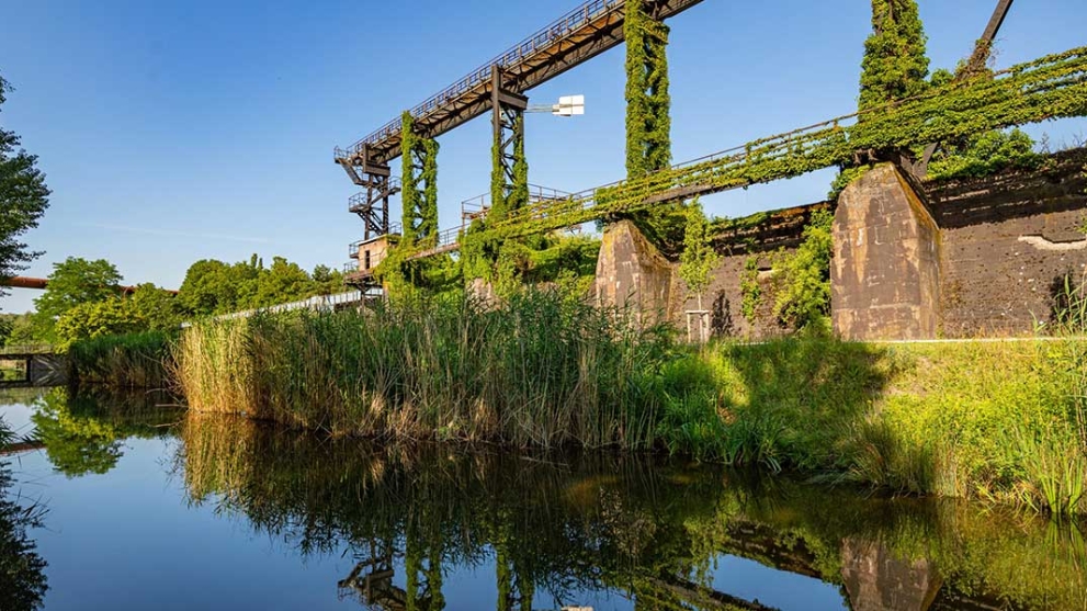 Am Ufer der renaturierten Emscher steht ein begrüntes Industriedenkmal.