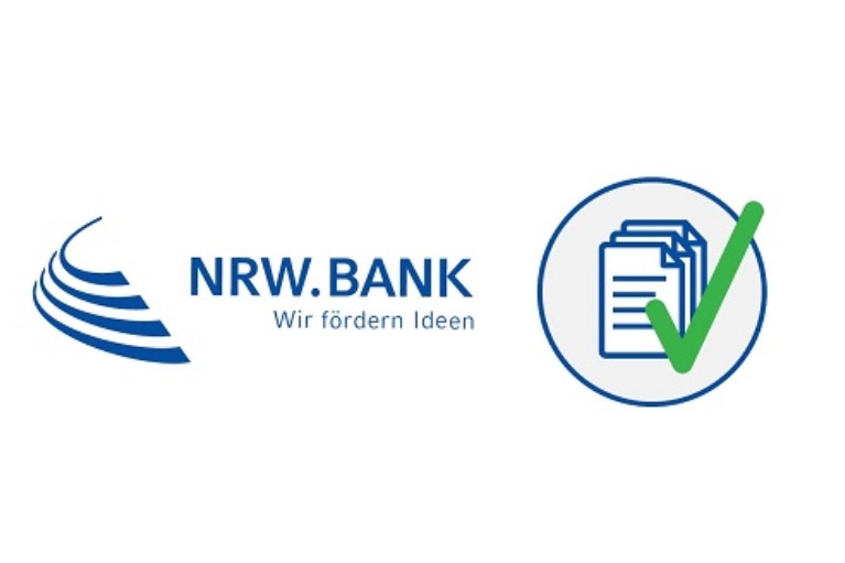 Logo der NRW.BANK mit Illustration von Antragsformularen