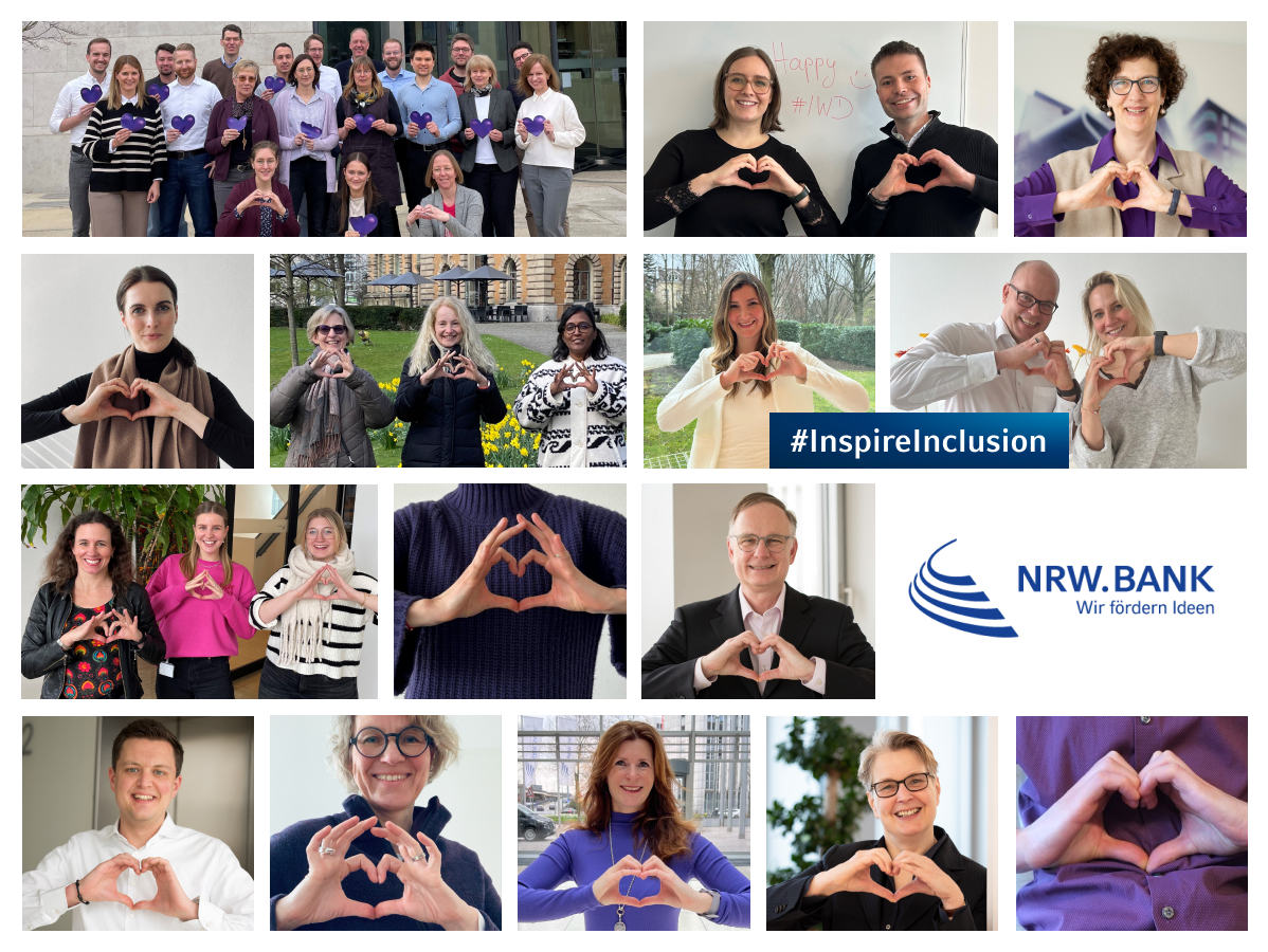 Mitarbeiterinnen und Mitarbeiter der NRW.BANK mit Geste zum Weltfrauentag